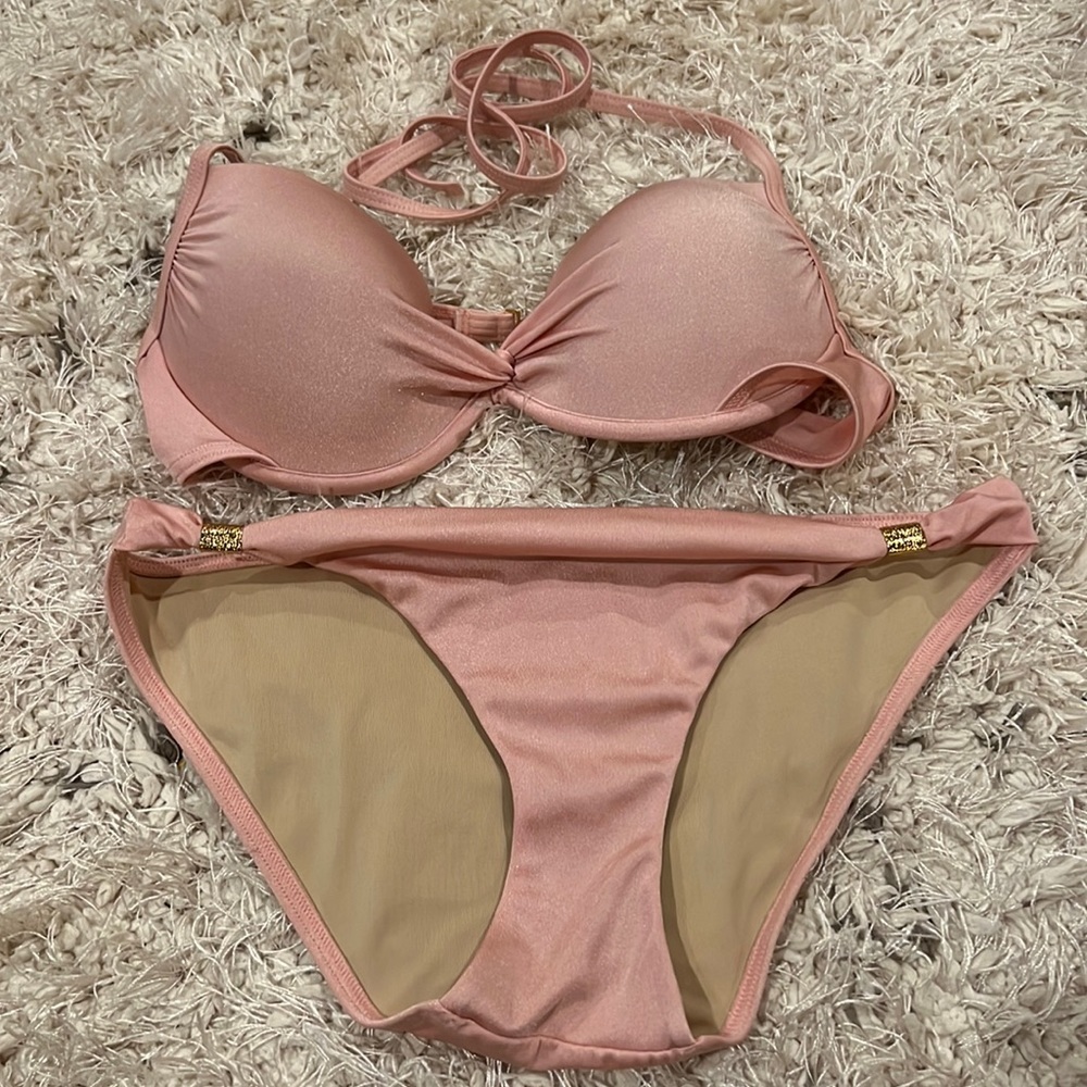 Victoria's Secret Metallic Pink Bikini Set 36B Top - Small Bottom